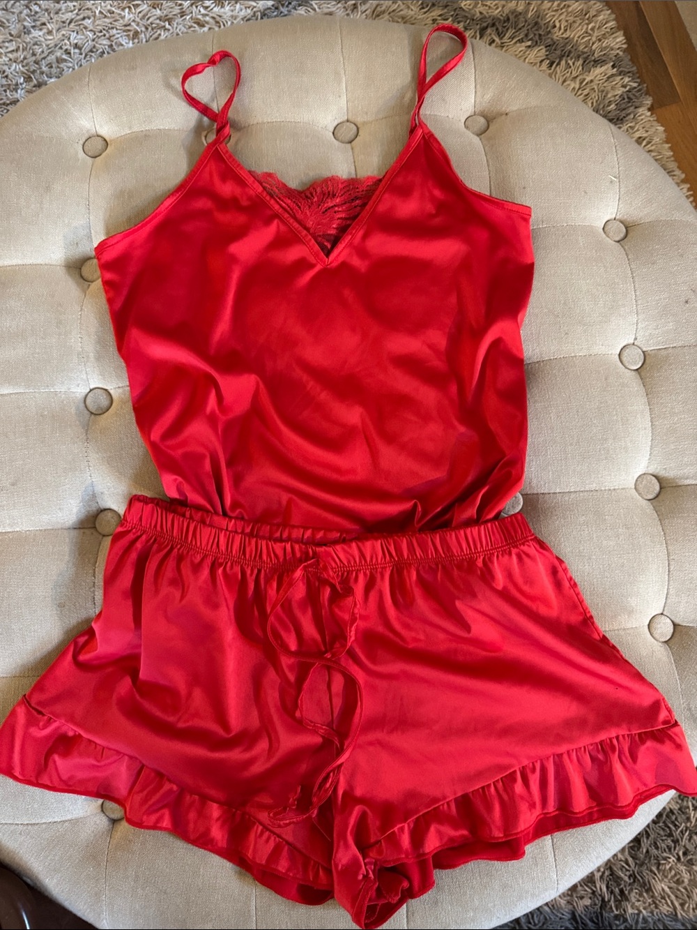 Rachel Zoe Red Satin Lace-Trim Cami & Shorts Set